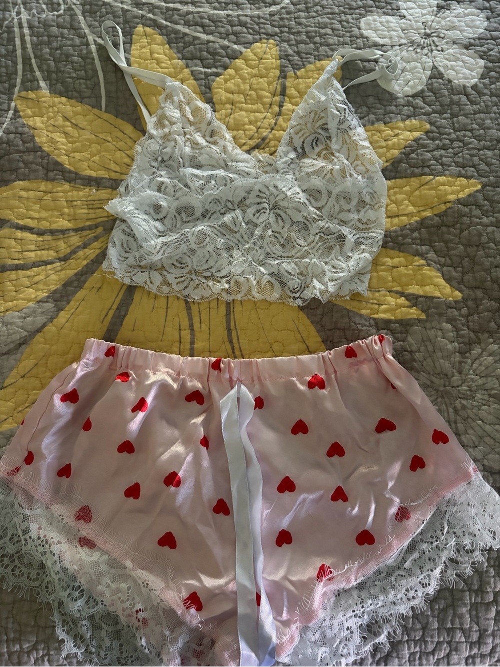 Lace Bralette & Heart-Print Satin Shorts Sleep Set